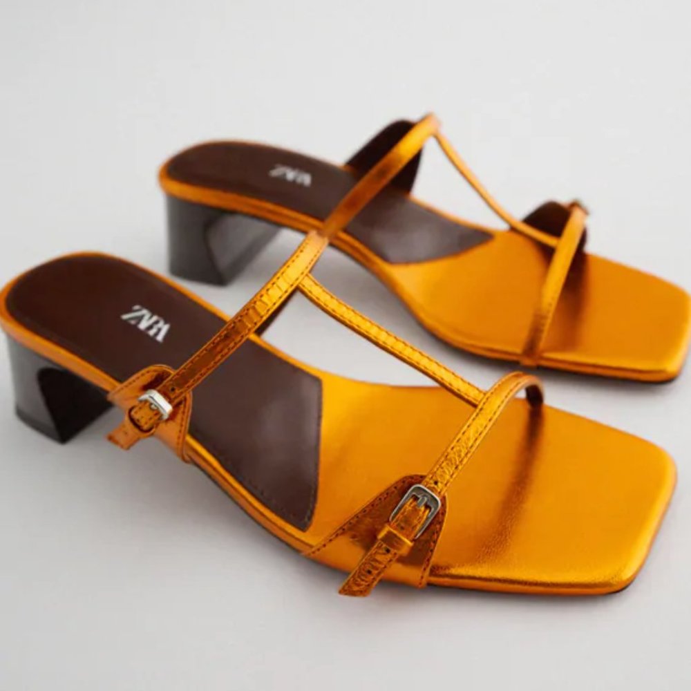 NWB Metallic Leather Double Strap Heeled Sandals